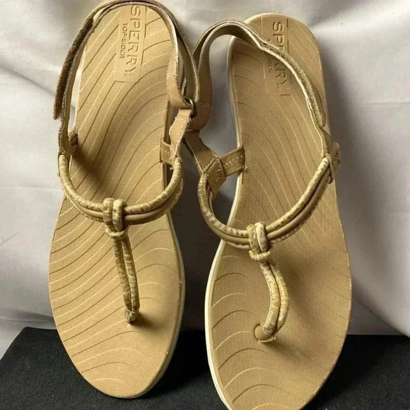 SPERRY TO SIDER WO SIZE 8 GOLD THONG SANDAL ADJ ANKLE STRAP HOOK LOOP CLOSE - Picture 2 of 12
